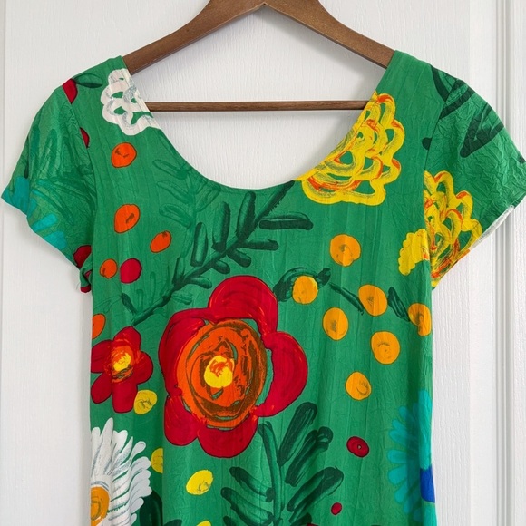 Jams World Vintage Dress Small Green Floral Lace Up Back - Picture 2 of 8